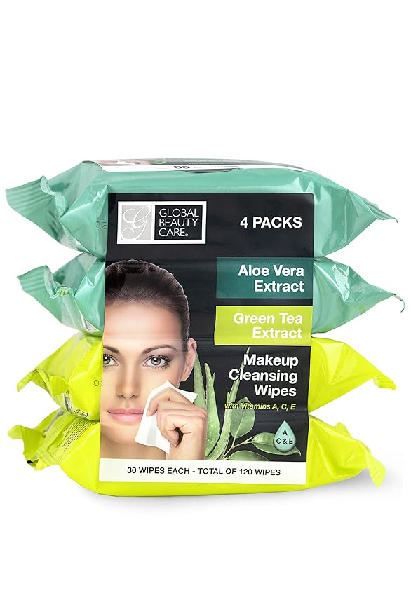 Global Beauty Care Makeup Remover Wipes Variety Pack - Aloe Vera & Green Tea Extract Facial Cloths for Antioxidant Skin Support, Removes Waterproof Mascara Oil & Dirt, All Skin Types 120 ct (4-Pack)