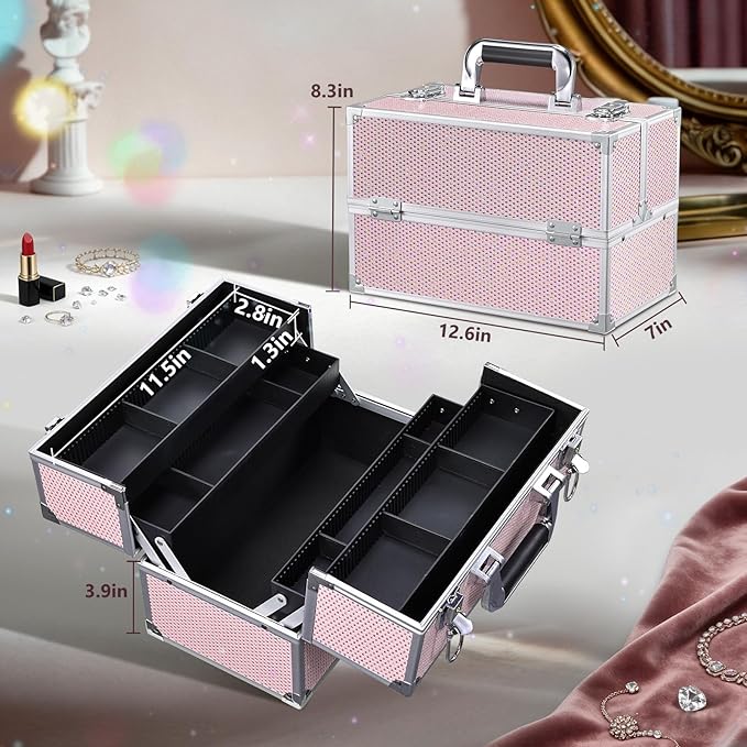 Stagiant 12.6 Inch Large Makeup Train Case, Professional 4 Trays Cosmetic Cases Makeup Storage Organizer Box Beauty Make Up Box with Lock&Adjustable Compartments for Nail, Accessories, Skincare, Pink