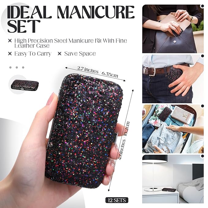 Geosar 12 Set 8 in 1 Manicure Set Stainless Steel Nail Clippers Kit Pedicure Care Tools with Leather Case Travel Grooming Kit Gift for Women Men Gift(Glitter Dark Red)