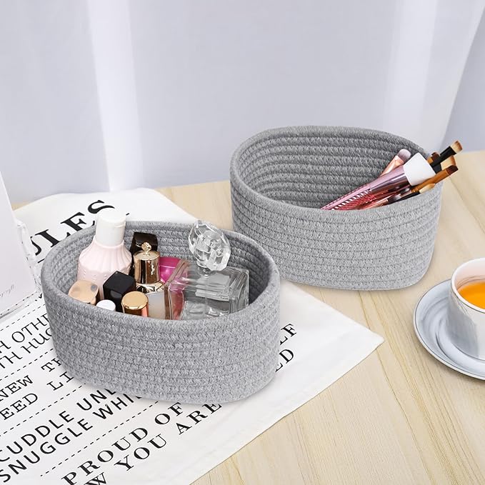 【2 Pack】ABenkle Small Woven Baskets, Tiny Oval Shallow Storage Baskets, Mini Cotton Rope Empty Decorative Basket, Boho Little Organizer Bins for Bathroom, Cat Dog Toy Gifts Baskets