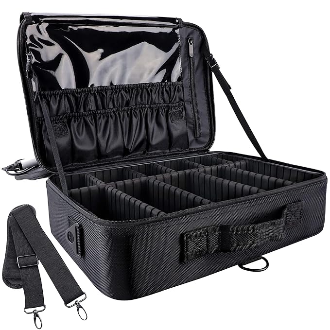 gzcz Large Capacity Travel Makeup Train Case,Professional Cosmetic Bags for Women,Portable Makeup Brush Bag Organizer Storage with Adjustable Dividers and Shoulder Strap