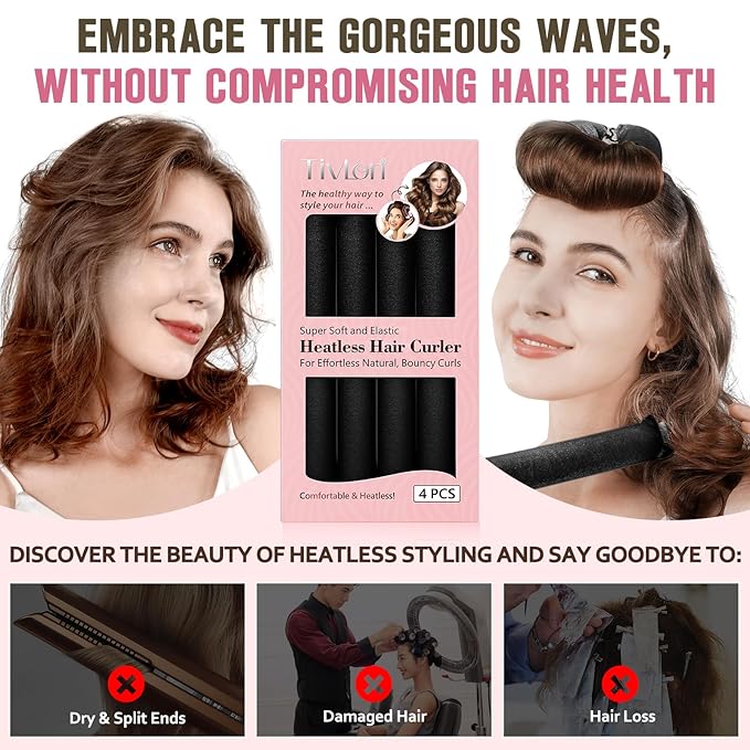 Heatless Curls Overnight, 4 Pcs No Heat Curling Blowout Rod, Satin Blowout Look Heatless Hair Rollers, Soft Flexi Rods for Big Curls to Sleep In