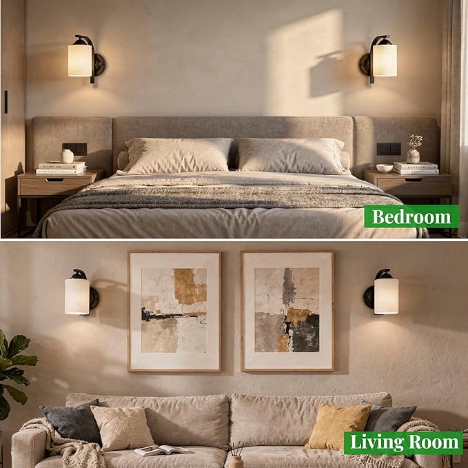 Wall Sconces Lights Lamp for Bedroom Bathroom, Modern Vanity Light Fixtures, Matte Black Farmhouse Wall Mount Lighting Lanterns with Glass Shade for Living Room Mirror Hallway Kitchen