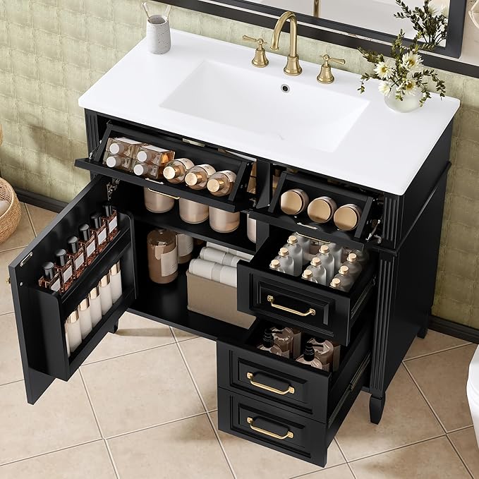 Harper & Bright Designs 36" Bathroom Vanity with Sink, Free Standing Vanity Set with 4 Drawers, Storage Racks, and Adjustable Shelf, Wood Bathroom Cabinet with Ceramic Basin for Bathroom, Black