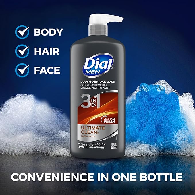 Dial Men 3 in 1 Body,Hair and Face Wash,Refresh,16 Fl Oz,Cleanses Deep + Gentle on Skin with Clean Rinse Technology,(Pack of 6)