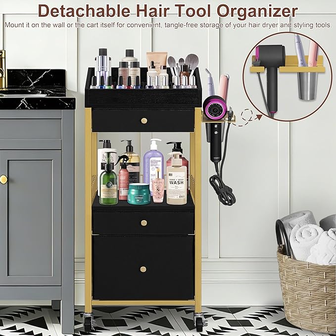 Large Makeup Cart with Detachable Hair Tool Organizer, Floor Makeup Organizer with 3 Drawers and Wheels, Cosmetic Display Cases Holder for Skin Care Perfume Nail Polish,Modern Gold & Black