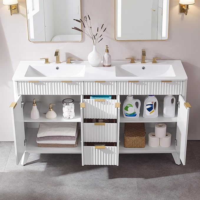 T4TREAM 60" Fluted Bathroom Vanity with Resin Sink Combo，Freestanding Modern Bathroom Storage Vanity Cabinet with Soft Closing Doors & 3 Drawers，Wood Grain Texture，Metal Handle，White