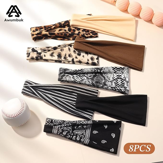 Headbands for Women, 8 Pack Non-Slip Moisture Wicking Sports Wide Head Bands, Stretchy Elastic Fabric, Multiple Colors Securing Hair for Fashion, Sports, Yoga, Running, Daily Life