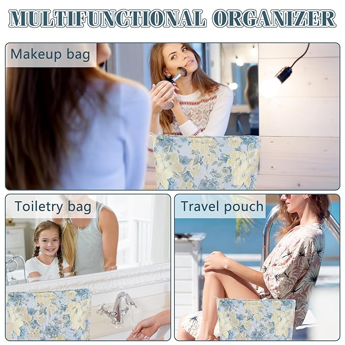 ZLFSRQ Flower Makeup Bag for Women Girls Travel Cute Floral Cosmetic Bags Large Cosmetic Pouch Purse with Zipper Portable Toiletry Bag Aesthetic Embossed Blue Beige Makeup Brushes Storage Organizer