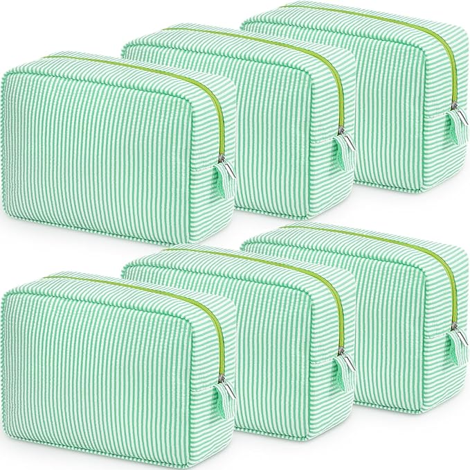 Sanwuta 6 Pcs Seersucker Cosmetic Bag Bulk Pinstripe Makeup Bag for Women Aesthetic Cute Travel Toiletry Organizer Preppy Storage Pouch for Wedding Bridesmaid Christmas Gift (Large, Green)