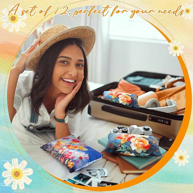 Sweetude 12 Pcs Oil Painting Flowers Makeup Bag Bulk Portable Travel Cosmetic Bags with Zipper Retro Floral Waterproof Roomy Travel Beauty Toiletry Organizer Storage Pouch for Women Gifts