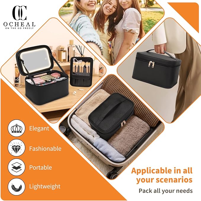 OCHEAL Makeup Bag With LED Mirror, Travel Makeup Bag With 3 Color Setting Light Up Mirror Cosmetic Organizer Vanity Case for Women Beauty Tools Accessories Rechargeable Makeup Travel Bag-Black