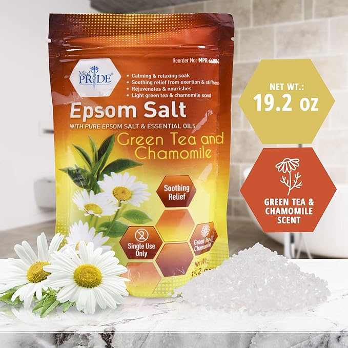 MED PRIDE Epsom Bath Salts 19.2oz, with Green Tea & Chamomile - Relaxing Foot Bath Salts for Soothing, Muscle Recovery & Relaxation - Soaking Salts