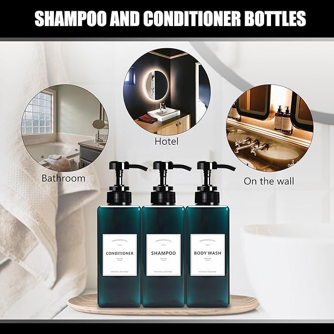 Large Shower Bottles with Pump, 22oz Set of 3 Shampoo Dispenser Bottles, Refillable Shampoo Dispenser Bottles for Travel, Bathroom, Kitchen