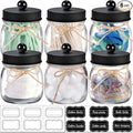 SheeChung 6 Pack Qtip Holders with Labels, Bathroom Organizers and Storage, Bathroom Decor, Apothecary Jars with Lids, Small Mason Jars for Qtips, Cottons, Floss, Balls, Cotton Swabs-Black