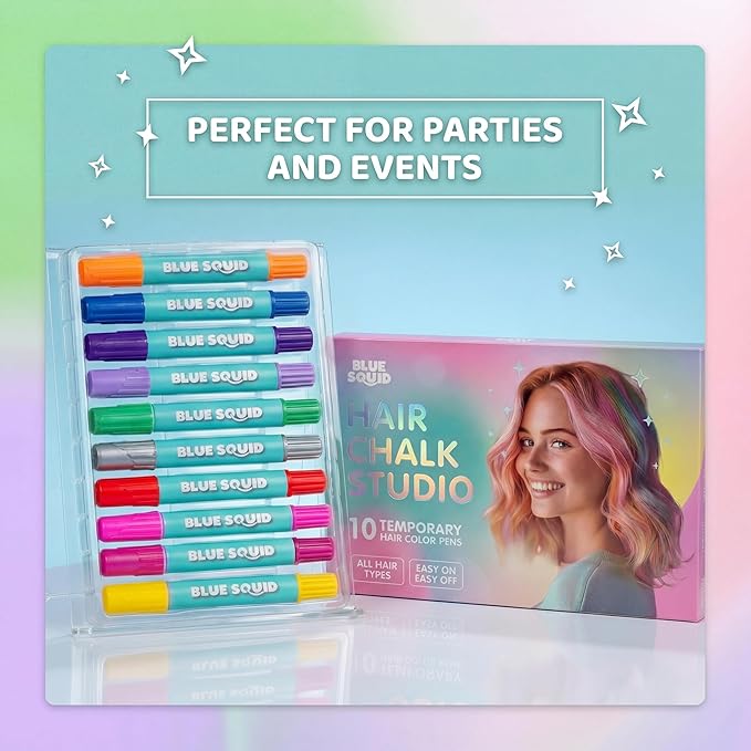 Blue Squid Hair Chalk for Girls Pens – 10 Vibrant Temporary Hair Color for Kids - Ideal Christmas, Birthday Gifts for Girls & Teens - Kid Safe, Washable Hair Dye for Ages 6 7 8 9 10 11 12