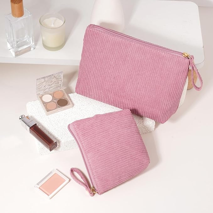 MAGEFY 2Pcs Makeup Bag Set, Cute Makeup Pouch for Purse Corduroy Travel Cosmetic Pouch for Women with Slip-in Pockets for Purse Essentials Accessories(Pink,Mini+Small)