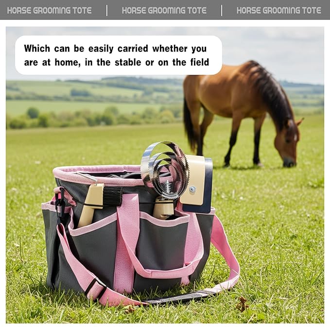 Abbylike Grooming Tote Bag for Horses and Dogs Organize Tack Tools Equestrian Grooming Kit Care Portable with Multiple Pockets for Supplies(Stylish,10.63 x 10.63 x 9.45 Inch,Grey and Pink)