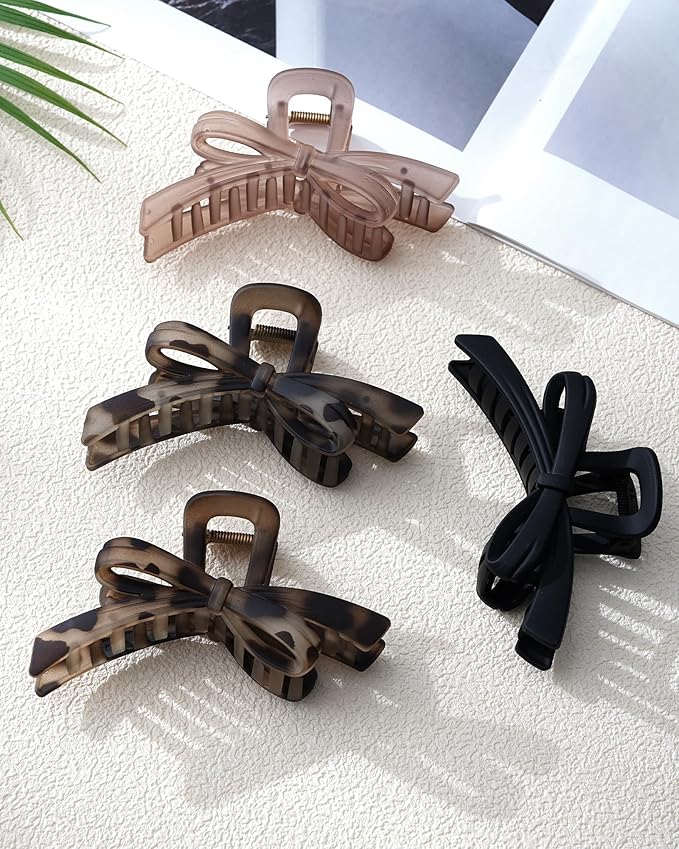 Mesovor 4 Pack Cute Bow Claw Clips, Nonslip 4.92" Large Matte Strong Hold Bows Hair Clips for Thin and Thick Hair | Chic Hairclips for Holidays or Everyday Hairstyle (Leopard Matte)