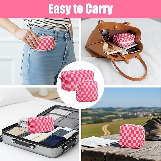 2 Pcs Sanitary Napkin Storage Bag, Zipper Checkered Sanitary Pouch Period Bags, Portable Tampon Pad Pouch Pad Bag for Women Travel Daily, Reusable Period Bag for Teen Girls for School Women Pink