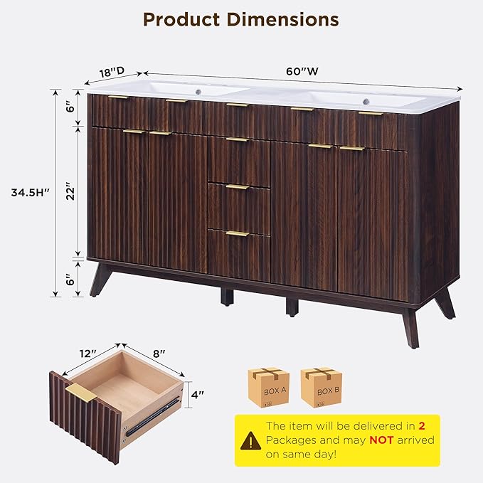 T4TREAM 60" Fluted Bathroom Vanity with Resin Sink Combo，Freestanding Modern Bathroom Storage Vanity Cabinet with Soft Closing Doors & 3 Drawers，Wood Grain Texture，Metal Handle，Dark Walnut