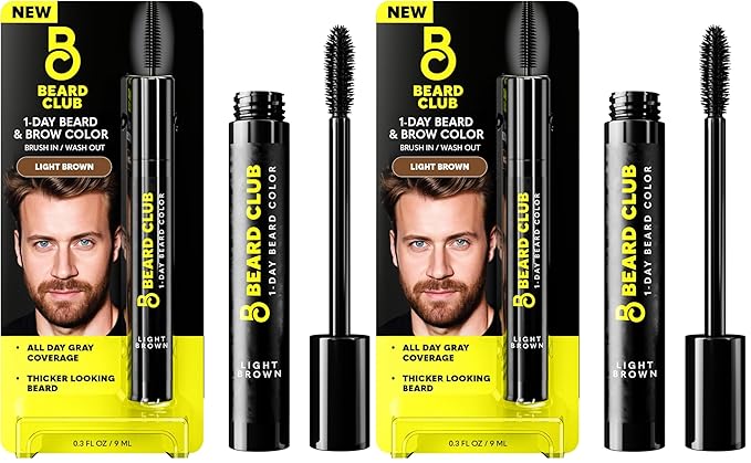 The Beard Club 1 Day Temporary Beard Dye for Men - Light Brown Beard, Mustache & Eyebrow Color for a Fuller, Well-Defined Look, Water & Sweat Resistant, Up to 30 Applications, 0.3 fl oz (Pack of 2)
