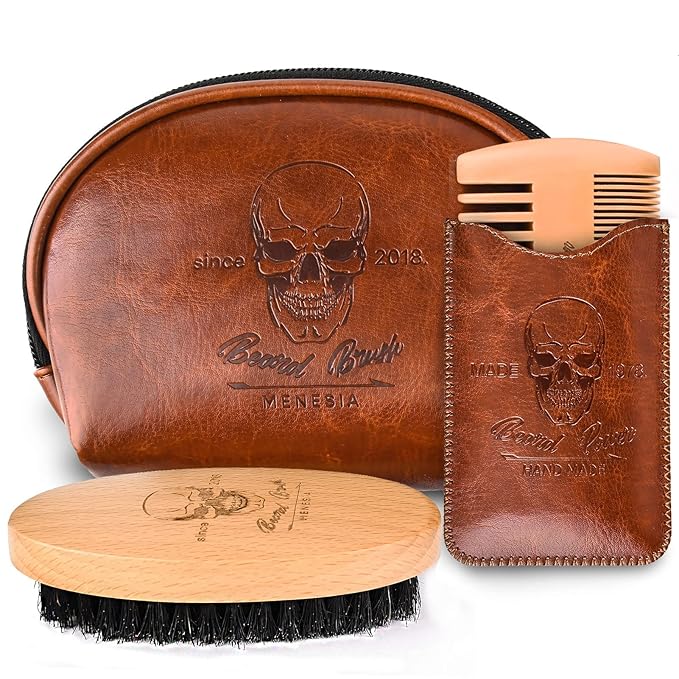 Beard Brush and Comb Set, Boar Bristle Hair Beard Brush Kit with Small Leather Travel Toiletry Bag Case for Men, Include Men's Wooden Mustache Comb