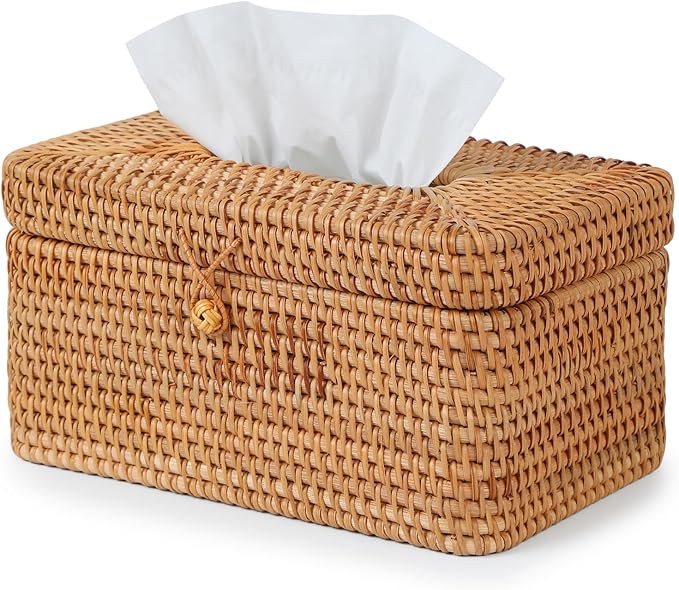 Rattan Rectangular Tissue Box Cover, 10.8" x 6.7" x 5.5", Decorative Woven Facial Tissue Holder with Hinged Top Lid, Natural Color