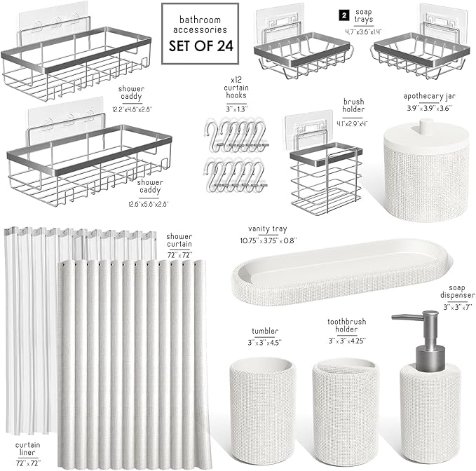 Clara Clark Bathroom Set - White Bathroom Accessories Set, 24PC Bathroom Accessory Set, Bathroom Sets with Shower Curtain Set, Adhesive Corner Shower Caddy Hanging & Soap Dispenser