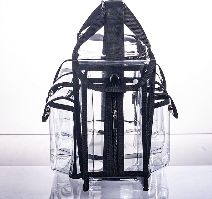 Wide Open Large Professional Clear PVC Travel Makeup Artist Set Bag Cosmetic Nails Beauty Bags Transparent Vinyl Tool Organizer Beach Bags Diaper Bag with 6 External Pockets & Strap (Black)
