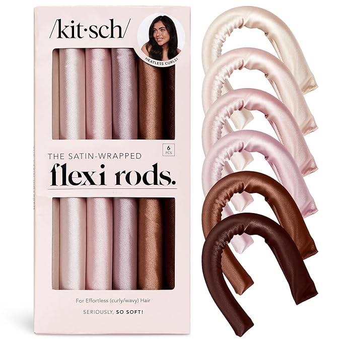 Kitsch Satin Hair Curlers, Heatless Curling Rod - Flexi Rod for Heatless Curls Overnight for Women, Comfortable Hair Curlers to Sleep In for Frizz-Free, No Heat Damage Styling - 6 pcs, Rosewood