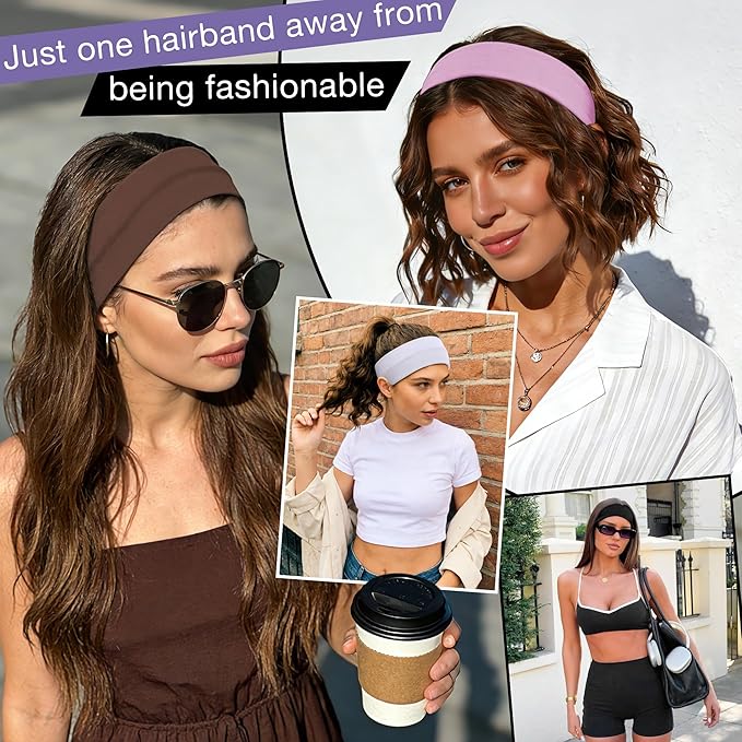 8 Pack Headbands for Women Non Slip - Stylish Sports Hair Bands for Women's Hair - Soft Cotton Cloth Stretchy Headbands for Women for Yoga, Outdoor Exercise Running