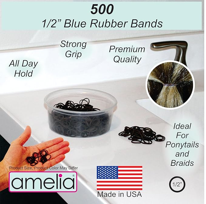 Amelia Beauty 500 Count Small Rubber Bands for Hair – ½" Brown - Made in USA - Recloseable Container - Mini Hair Elastics for Braids, Ponytails, Cornrows & Twists – Strong Hold Ponytail Holders
