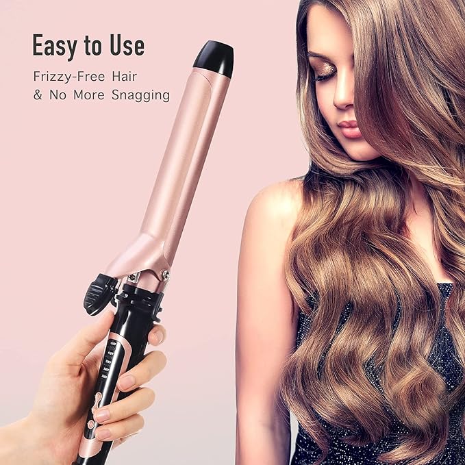 LANVIER 1.25 Inch Long Barrel Curling Iron, 1 1/4 Inch Curling Iron for Medium to Long Hair up to 450F, Worldwide Dual Voltage Curler for Traveling, Waving Style Tool - Rose Gold