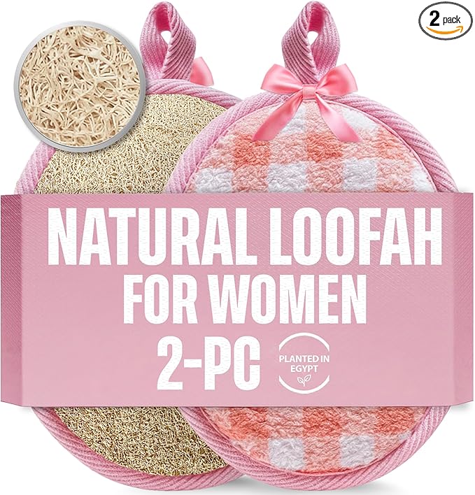 CraftsOfEgypt Egyptian Natural Loofah Body Scrubber Pads for Women, Double Sided Luffa Sponge for Face, Back & Body, Bath Shower Loofa Washcloths, Gentle Skin Smoothing, 2 Count (1 Pack)