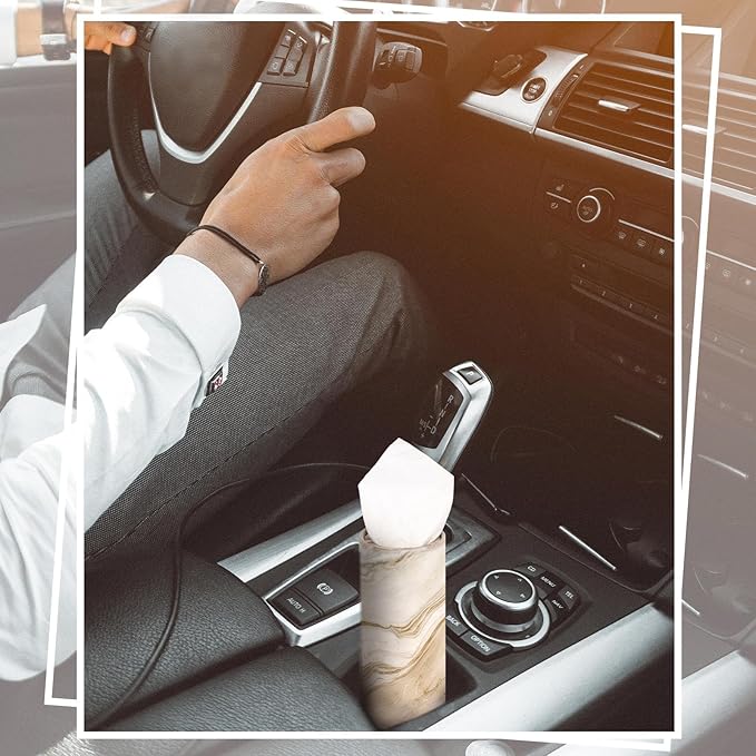 Geyoga 4 Pack Car Tissue Holder Marble Print Car Tissues Cylinder Round Paper Boxes with 50 Facial Paper Towel Per Box for Brown Refill Round Container for Home Office Travel Gift(Brown)