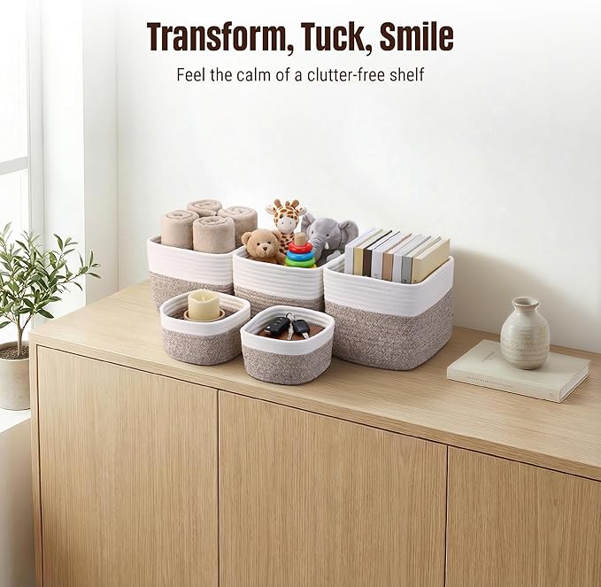 5-Pack Storage Cubes Woven Rope Baskets - 2 Sizes Organizer Bins for Closet, Shelf, Bookshelf, Nursery, Changing Table, Cube Storage Bins, Storage Baskets for Bathroom Toy & Home