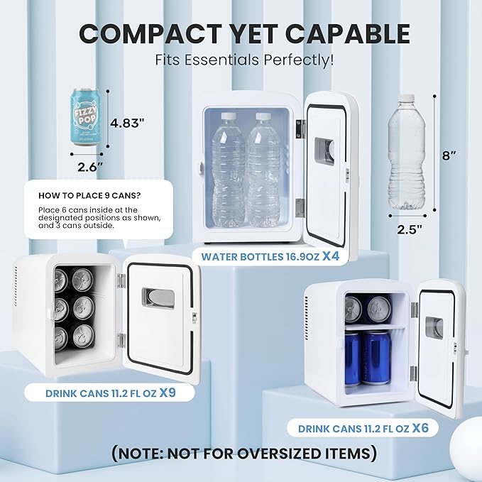 HealSmart 6L Mini Fridge with Observation Window, 9 Can Capacity, Freon-Free and Portable Cooler and Warmer, Cosmetics/Food/Beverage, White New