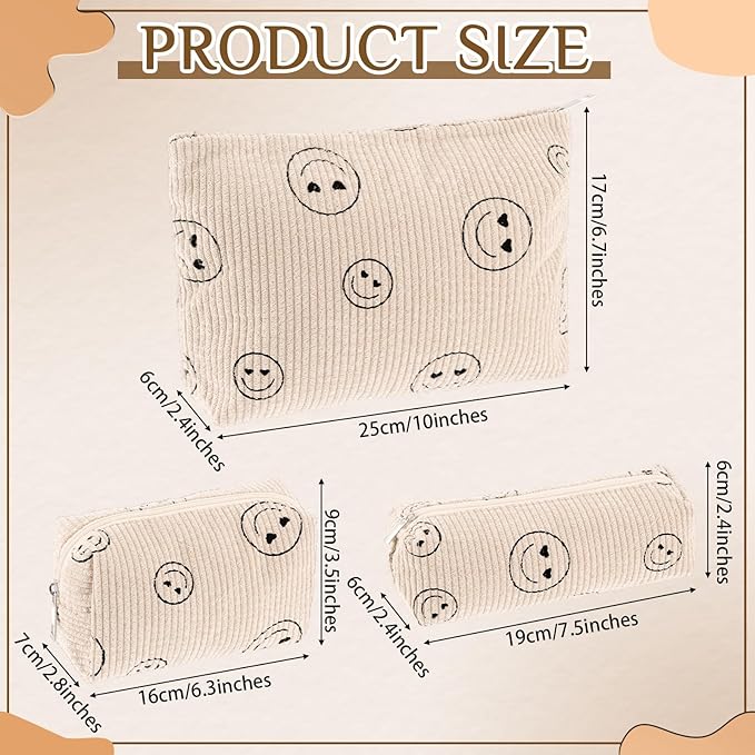3 Pcs Makeup Bag Set for Women Corduroy Cosmetic Pouch Aesthetic Smile Travel Toiletry Bag Cute Purse Pouch Pencil Case Makeup Brushes Storage Organizer with Zipper(Beige,Smile Face)
