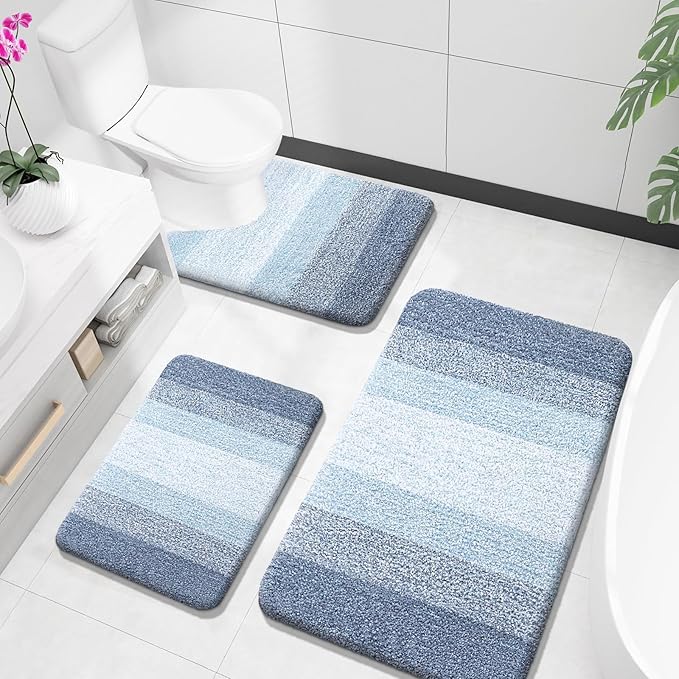 OLANLY Bathroom Rugs Sets 3 Piece, Soft Absorbent Microfiber Bath Mats and U-Shaped Contour Toilet Rug, Plush Shaggy Bath Mat Set for Bathroom (36"x24"+24"x16"+24"x20", Blue)