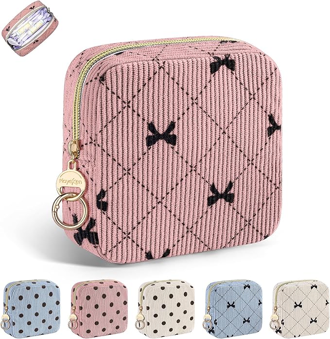 Period Bag for Teen Girls, Corduroy Cute Sanitary Napkin Storage Bag, Menstrual Pad Bag Tampon Holder for Purse (Pink-Bow Tie)