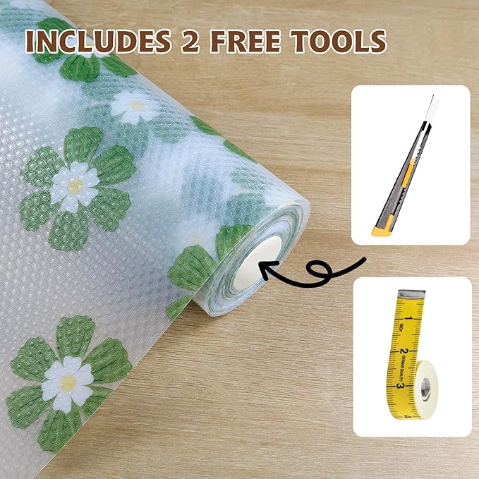 Drawer and Shelf Liner for Kitchen Cabinet,Non-Adhesive Waterproof EVA Drawer Liner for Dresser & Bathroom Vanities with Cutting Tool(12 in X 30 Ft Green Chrysanthemum)