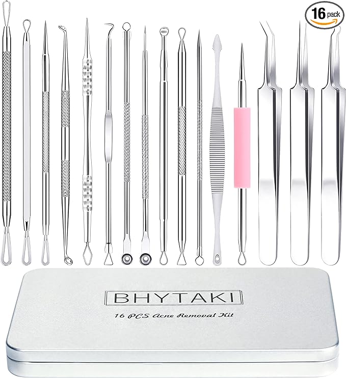Blackhead Remover Tools, 16 PCS Pimple Popper Tool Kit, Acne Blackhead Tools for Blemish, 410 Premium Professional Stainless Acne Pimple Extractor Tool with Metal Box