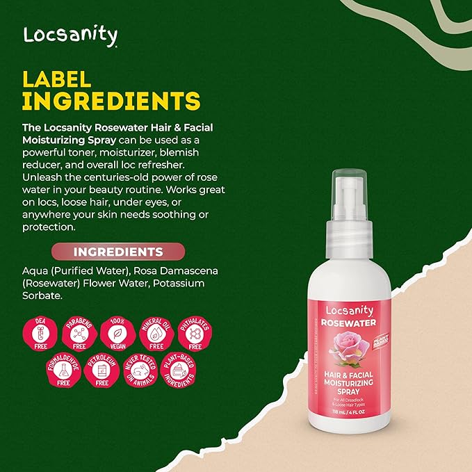 Locsanity Pure Rosewater Hair and Facial Spray – Trial Size Hydrating Face Mist to Soothe, Refresh, and Rejuvenate Skin, Reduce Oil and Buildup (4oz)