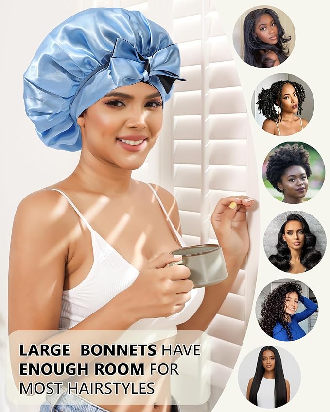 Satin Hair Bonnets for Women Curly Hair Wrap Reversible Bonnet with Tie Band Night Cap Double Layer Sleep Cap in Black + Blue