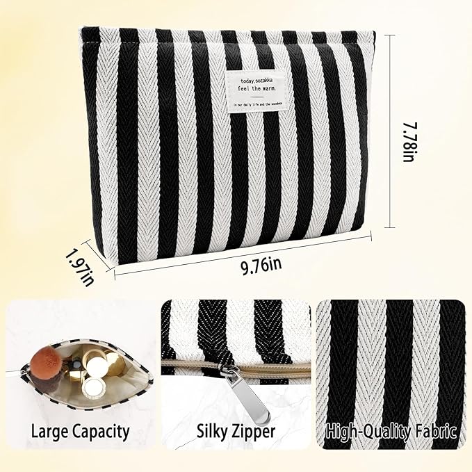 ZLFSRQ Striped Makeup Bag Large Canvas Travel Makeup Bag for Women Cosmetic Pouch Cute Black Striped Make Up Pouch for Purse Y2k Aesthetic Trendy Zippered Toiletry Bags Gift Skincare Storage Organizer