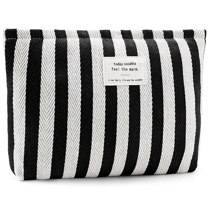 ZLFSRQ Striped Makeup Bag Large Canvas Travel Makeup Bag for Women Cosmetic Pouch Cute Black Striped Make Up Pouch for Purse Y2k Aesthetic Trendy Zippered Toiletry Bags Gift Skincare Storage Organizer