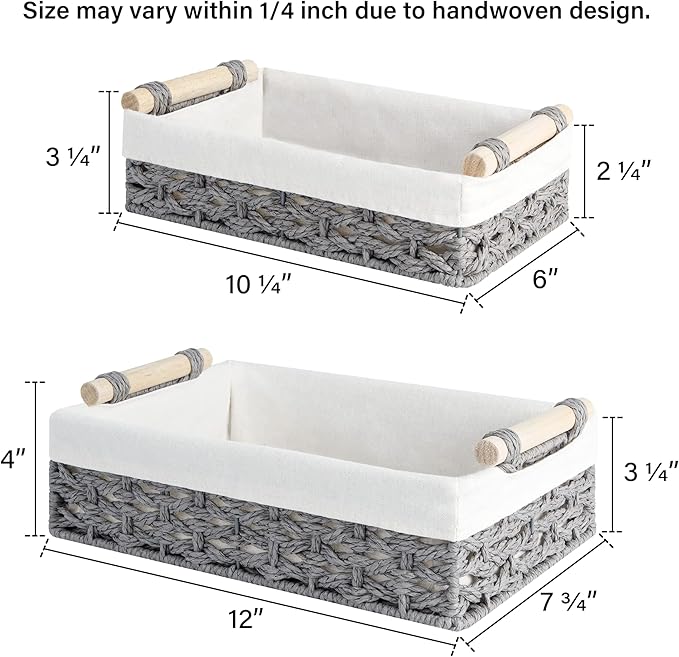 StorageWorks Storage Basket for Organizing, Small Wicker Baskets with Natural Fiber Liner, Toilet Paper Storage Basket for Countertop, Toilet Tank Top, Grey, Set of 2