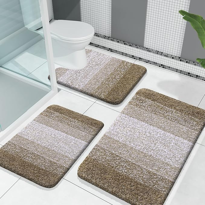 OLANLY Bathroom Rugs Sets 3 Piece, Soft Absorbent Microfiber Bath Mats and U-Shaped Contour Toilet Rug, Plush Shaggy Bath Mat Set for Bathroom (30"x20"+24"x16"+24"x20", Coffe)