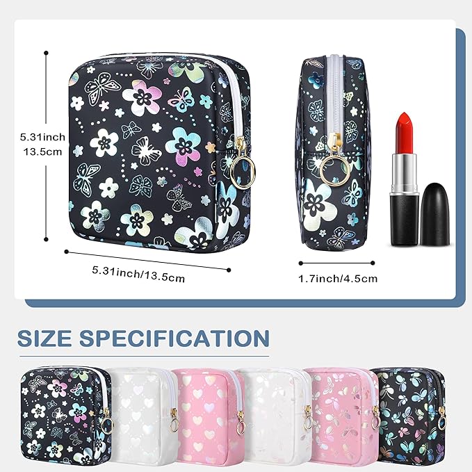 Period Bag Pouch, Leather Sanitary Napkin Storage Bag for Girls Womens, Portable Sanitary Napkin Period Pad Pouch Bag for Purse, Small Make Up Bags(Flower Butterflies)